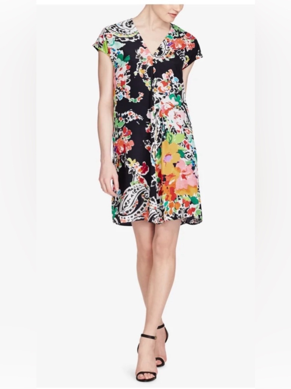 Woman’s RALPH LAUREN Silky V Neck Black Multicolor Floral Dress Size 14
